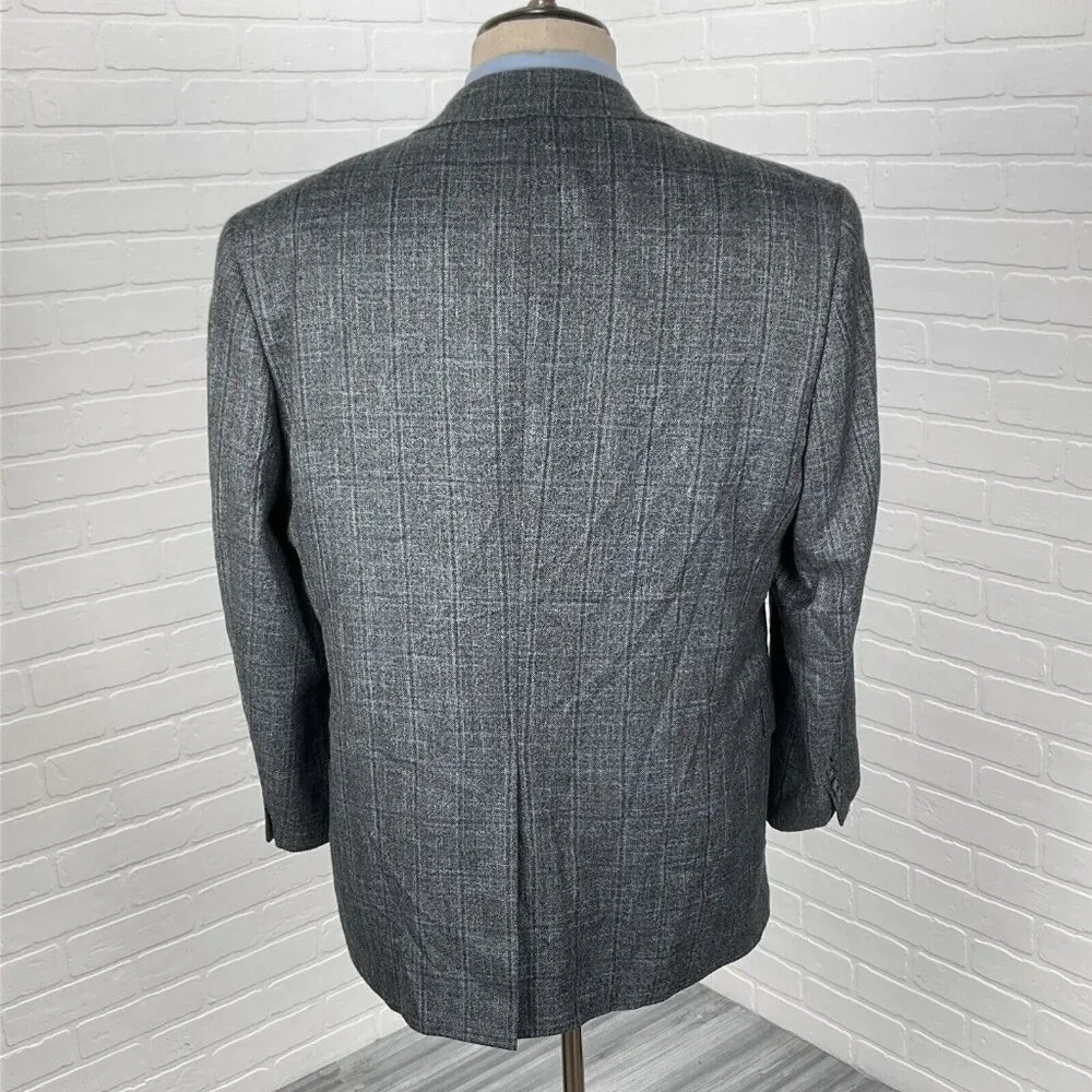 Hart Schaffner Marx Blazer Men 42R Gray Blue Plaid‎ Gold Trumpeter Carlanda USA